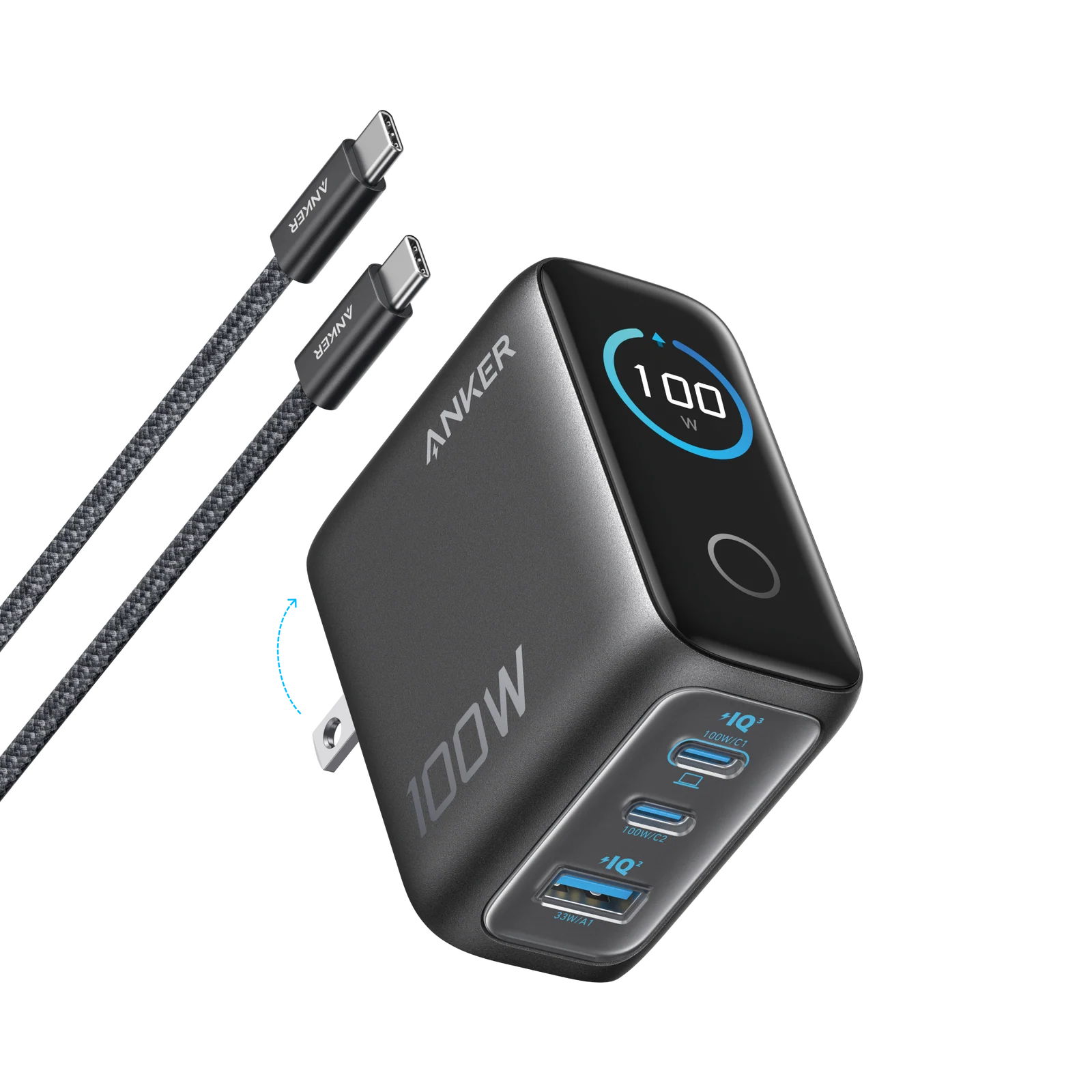 Anker Charger (100W, 3 Ports, Smart Display)